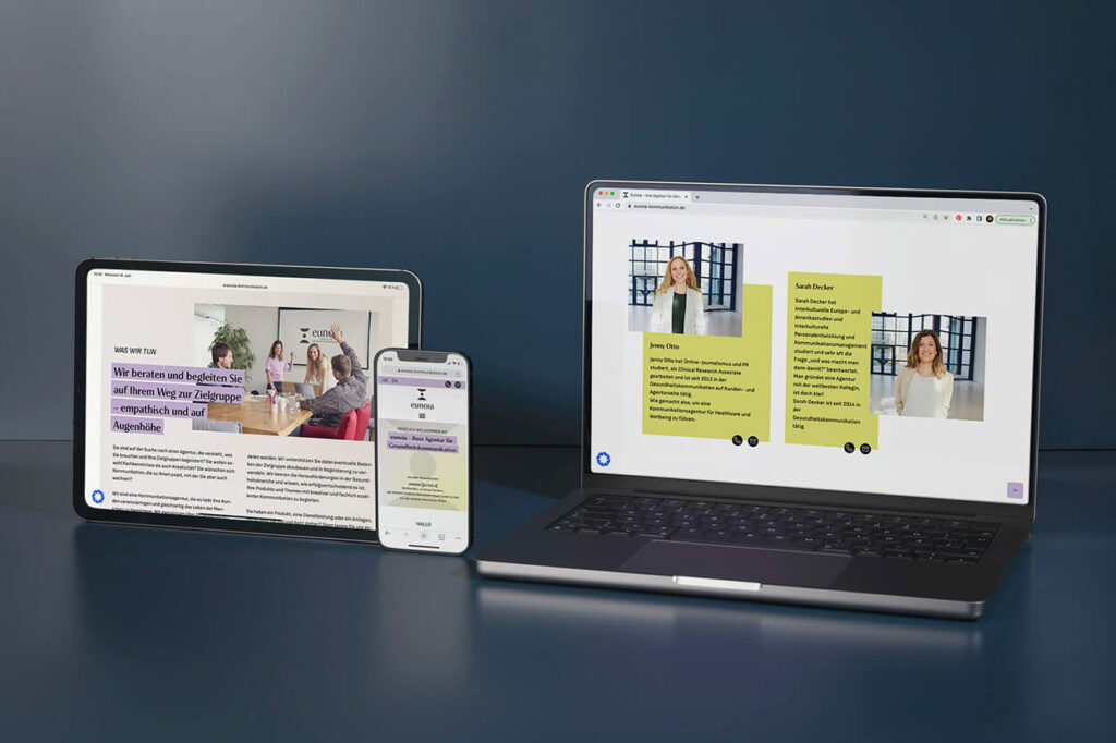 Darstellung einer responsiven Website auf verschiedenen Geräten wie Laptop, Tablet und Smartphone